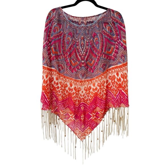 Chico's Tops - Chico's Phoebe Poncho Linen Semi Sheer Beaded Fringe Southwestern Cowgirl Sz OS